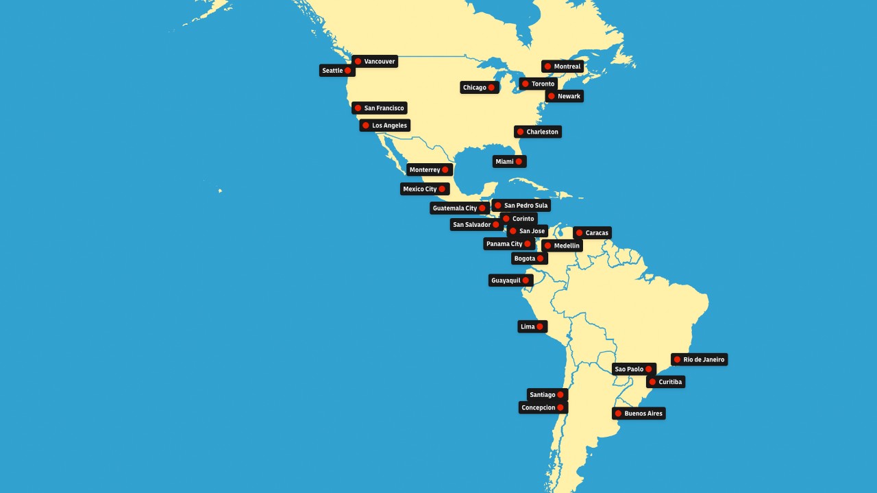 Mapa de estaciones de refrigeración en Norteamérica y Sudamérica