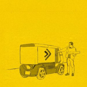 An illustration of a DHL employee taking a parcel from a vehicle.