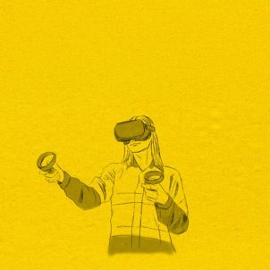 An illustration of a person using VR equipment.