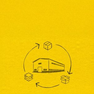 An illustration of the cardboard box recycling process.