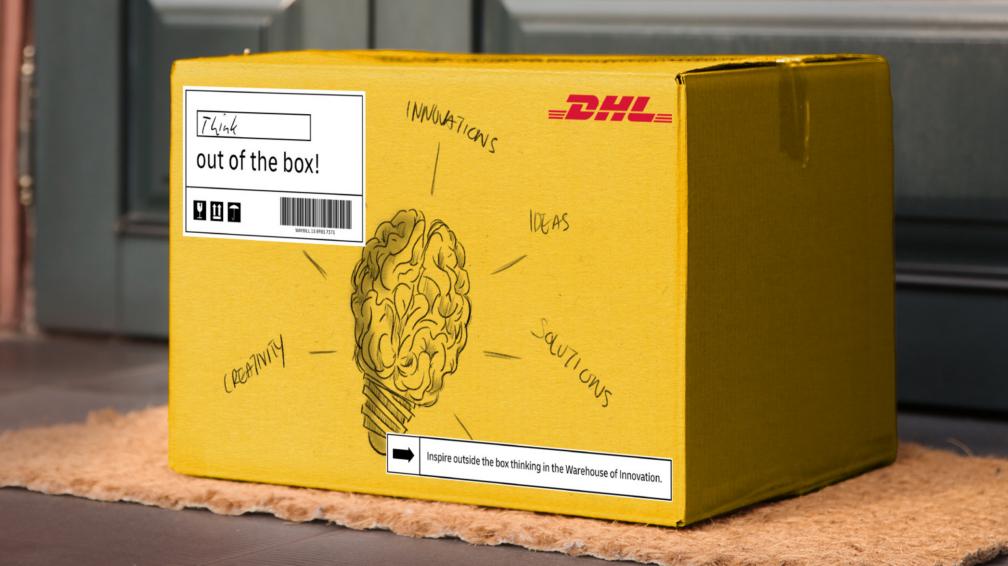 DHL box with a mind map featuring "innovations," "ideas," "creativity," and "solutions."