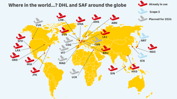 World map highlighting airports worldwide where sustainable aviation fuel is used, showing current and planned SAF deployment across global DHL hubs.