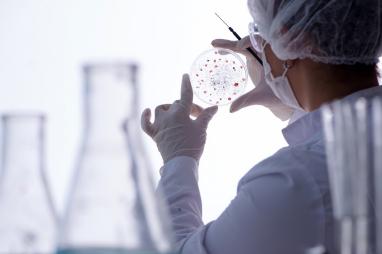 Medical employee looks at preparations