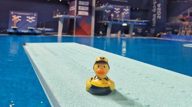 Foto von der Bade-Ente der Deutschen Post auf einem Sprungbrett