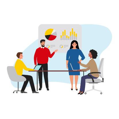 Meeting room with four people discussing a graph.