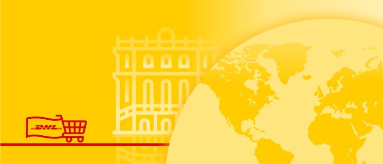 Illustration einer Weltkarte mit einem Ländermonument dahinter und einem Einkaufswagen, der eine Flagge mit dem DHL-Logo trägt.