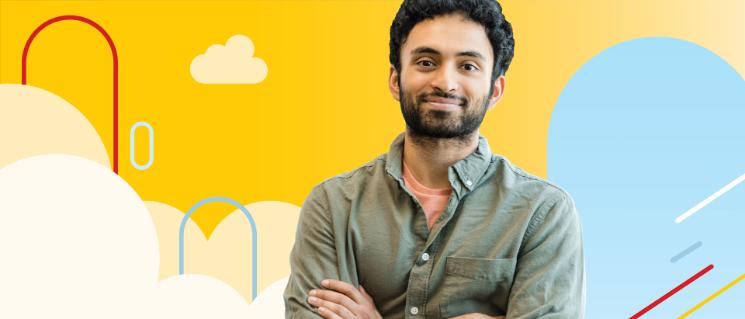 Young man happy and giving an okay sign among illustrated clouds.