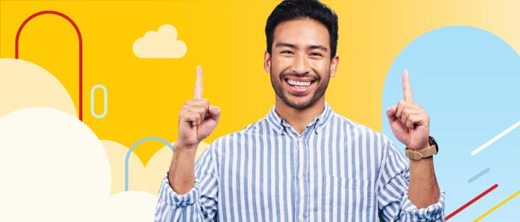 Young man happy and giving an okay sign among illustrated clouds.
