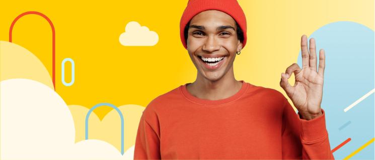 Young man happy and giving an okay sign among illustrated clouds.