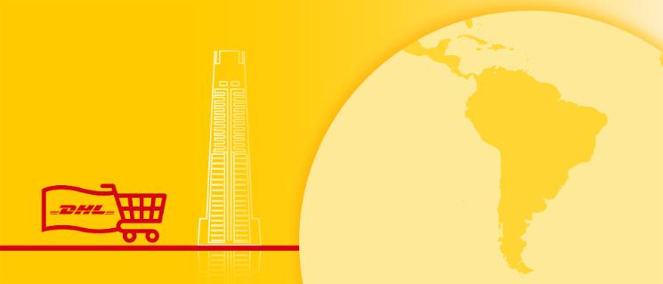Obrázok mapy sveta s pamiatkou krajiny v pozadí a nákupným vozíkom s vlajkou s logom DHL.
