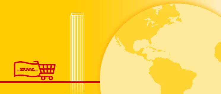 Illustration of world map with country monument behind and a shopping cart carrying a flag with the DHL logo.
