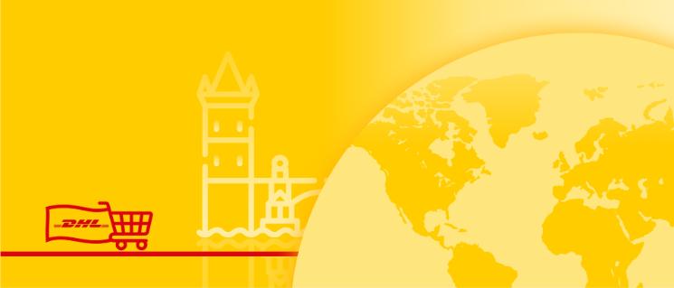 Illustrazione della mappa del mondo con un monumento del Paese sullo sfondo e un carrello con una bandiera con il logo DHL.