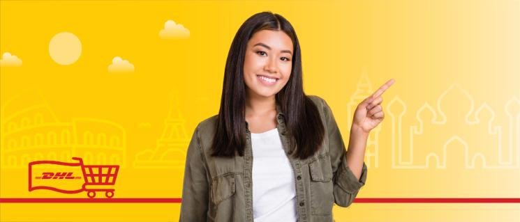 A happy woman pointing upwards with illustrated monuments from different countries and a shopping cart carrying a DHL flag.