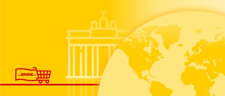 Illustration of world map with country monument behind and a shopping cart carrying a flag with the DHL logo.