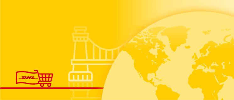 Illustration of world map with country monument behind and a shopping cart carrying a flag with the DHL logo.