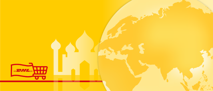 Illustration of world map with country monument behind and a shopping cart carrying a flag with the DHL logo.