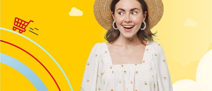 Woman with summer clothing and a hat showing a surprised face.