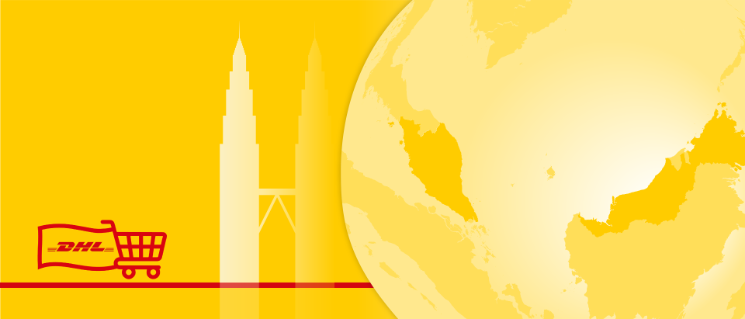 Illustration of world map with country monument behind and a shopping cart carrying a flag with the DHL logo.