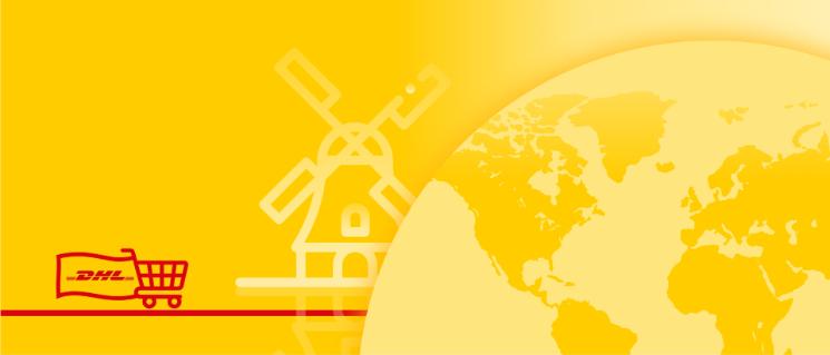 Illustration einer Weltkarte mit einem Ländermonument dahinter und einem Einkaufswagen, der eine Flagge mit dem DHL-Logo trägt.