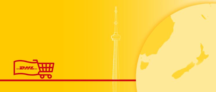 Ilustración de un mapa del mundo con un monumento de un país detrás y un carrito de la compra que lleva una bandera con el logotipo de DHL.