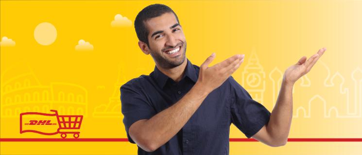 A happy man pointing upwards with illustrated monuments from different countries and a shopping cart carrying a DHL flag.