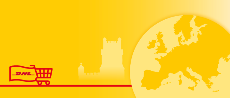 Illustration of world map with country monument behind and a shopping cart carrying a flag with the DHL logo.