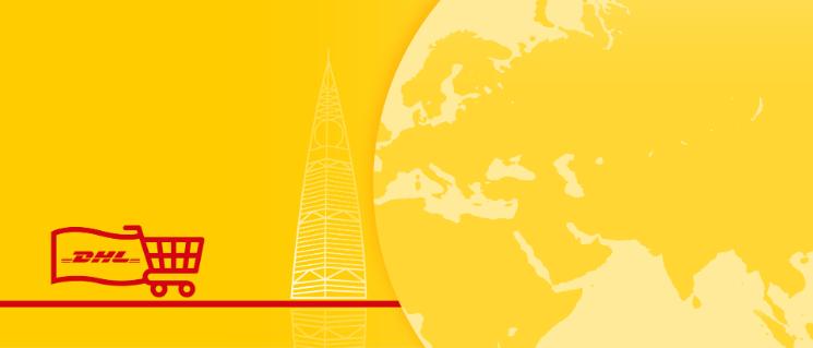 Illustration of world map with country monument behind and a shopping cart carrying a flag with the DHL logo.