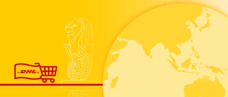 Illustration of world map with country monument behind and a shopping cart carrying a flag with the DHL logo.