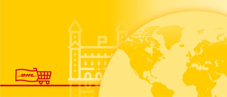 Illustrazione della mappa del mondo con un monumento del Paese sullo sfondo e un carrello con una bandiera con il logo DHL.