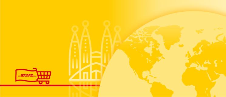 Illustration of world map with country monument behind and a shopping cart carrying a flag with the DHL logo.