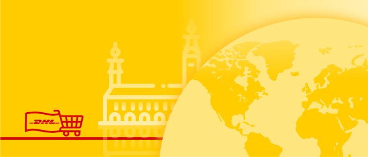 Illustrazione della mappa del mondo con un monumento del Paese sullo sfondo e un carrello con una bandiera con il logo DHL.