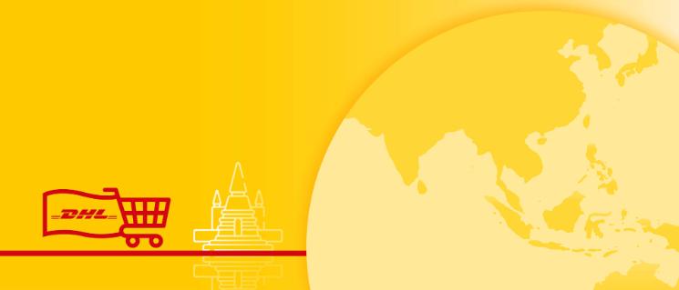 Illustration of world map with country monument behind and a shopping cart carrying a flag with the DHL logo.