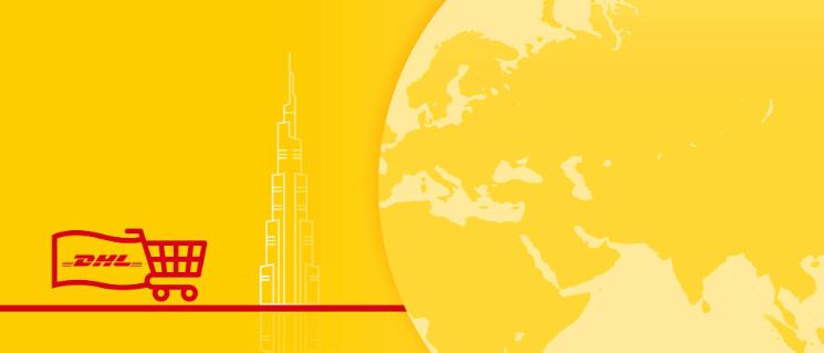 Illustration of world map with country monument behind and a shopping cart carrying a flag with the DHL logo.