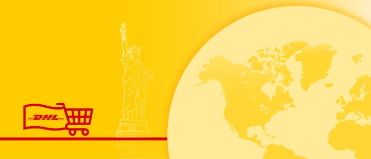 Obrázok mapy sveta s pamiatkou krajiny v pozadí a nákupným vozíkom s vlajkou s logom DHL.
