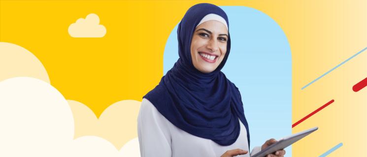Woman holding a tablet device with charts and looking at the camera.