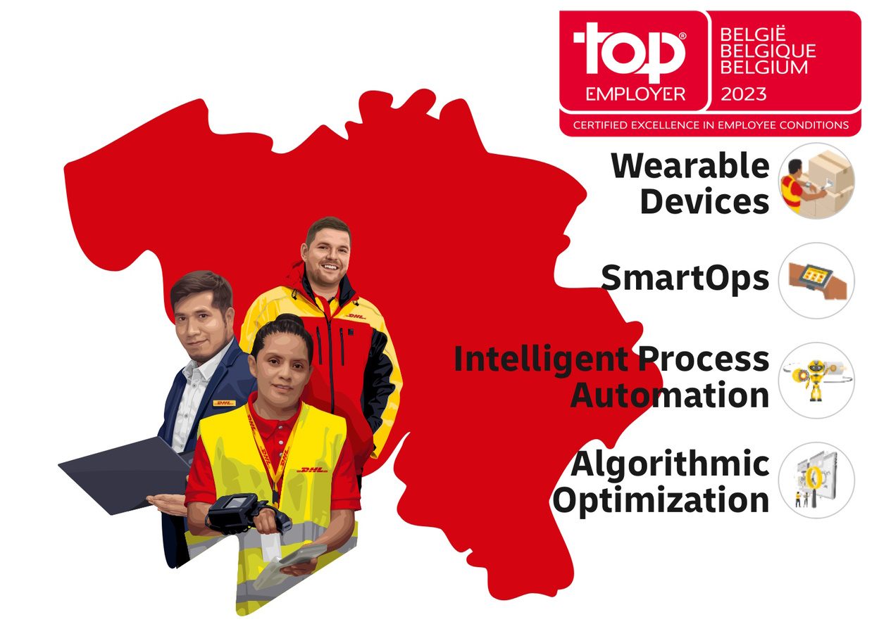 Carte du pays indiquant les récompenses reçues et les employés de DHL issus de différentes divisions, ainsi que quatre technologies d'appareils portatifs, de SmartOps, d'automatisation intelligente des processus et d'optimisation algorithmique.