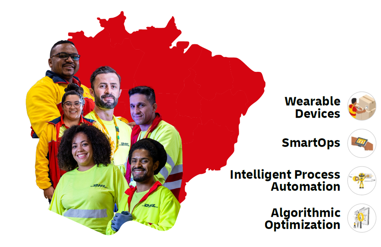 Map of the country, showing awards received and DHL employees from different units with a highlight of four technologies of wearable devices, smartops, intelligent process automation and algorithmic optimization.