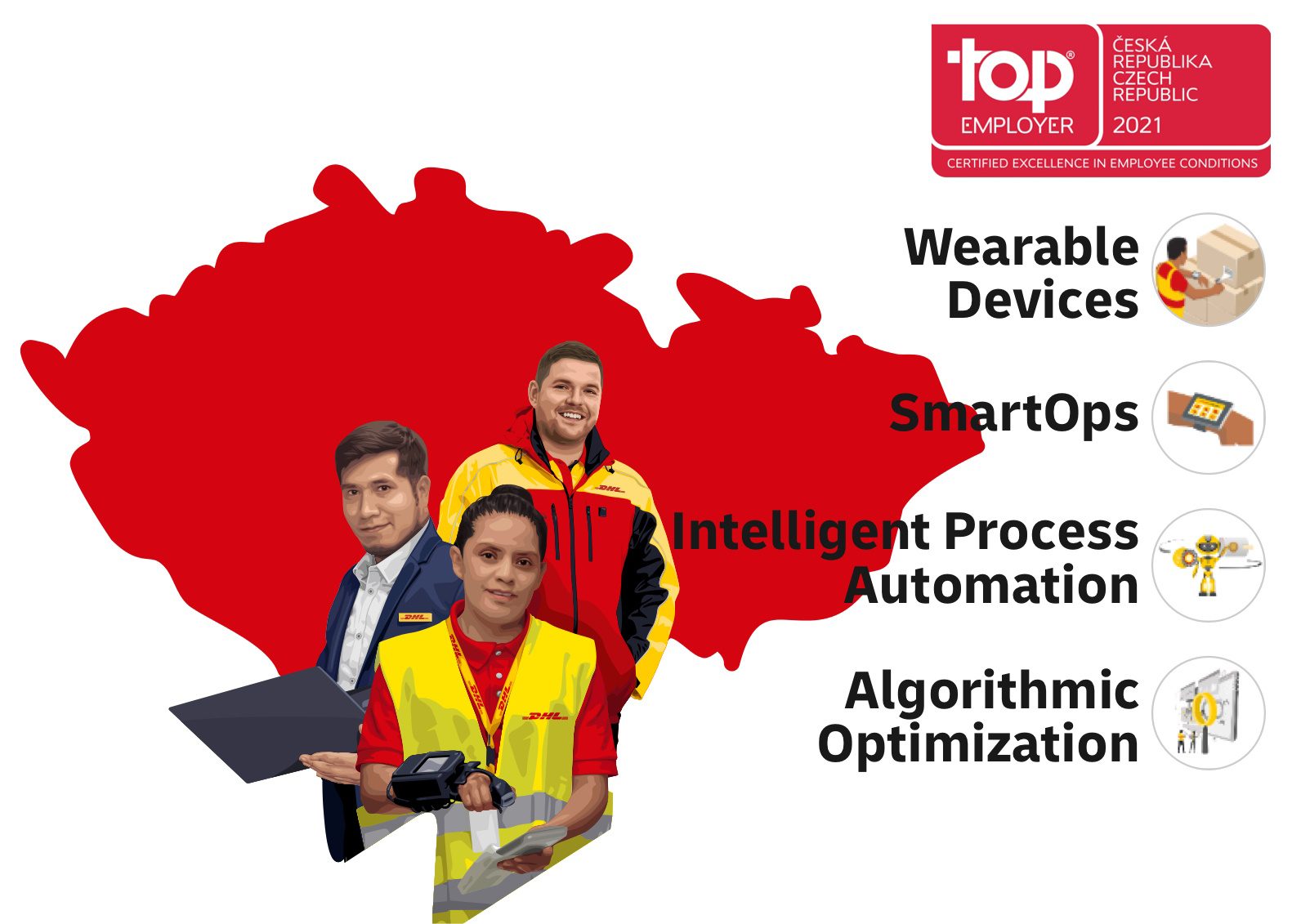 Map of the country, showing awards received and DHL employees from different units with a highlight of four technologies of wearable devices, smartops, intelligent process automation and algorithmic optimization.