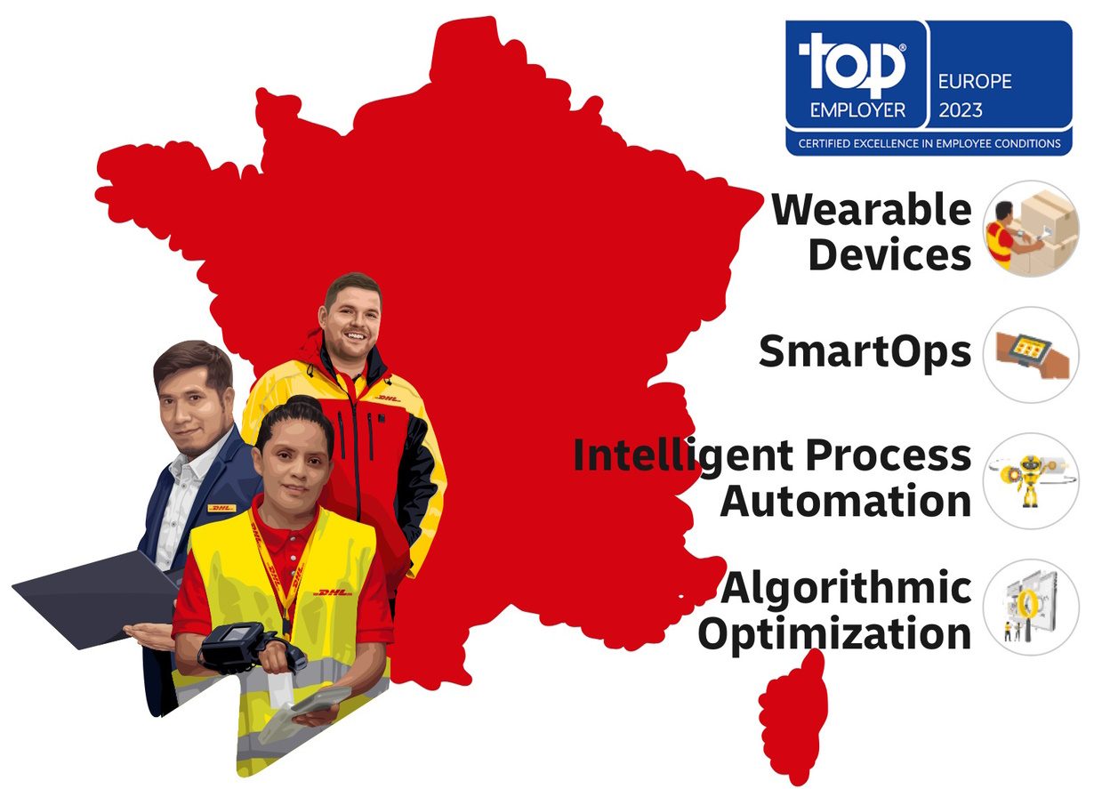 Map of the country, showing awards received and DHL employees from different units with a highlight of four technologies of wearable devices, smartops, intelligent process automation and algorithmic optimization.