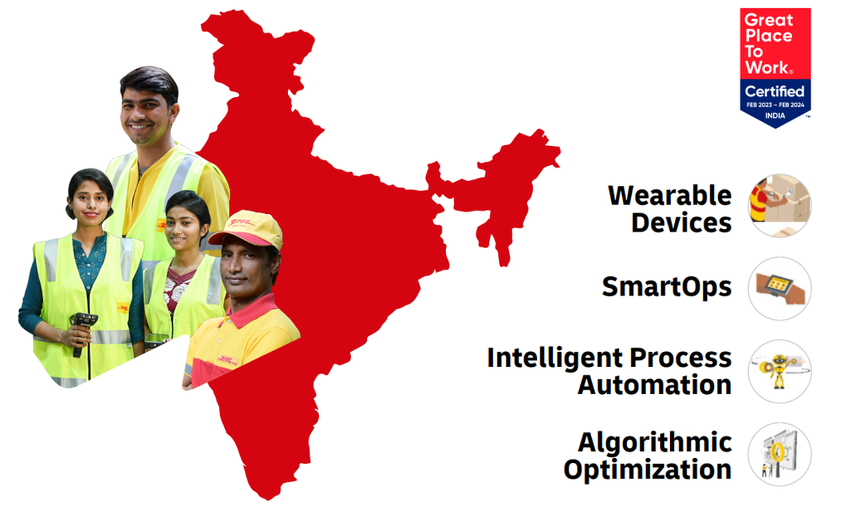 Map of the country, showing awards received and DHL employees from different units with a highlight of four technologies of wearable devices, smartops, intelligent process automation and algorithmic optimization.