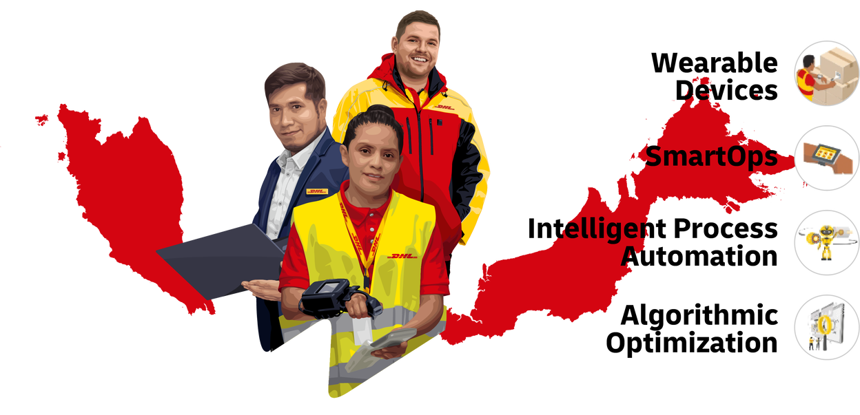 Map of the country, showing awards received and DHL employees from different units with a highlight of four technologies of wearable devices, smartops, intelligent process automation and algorithmic optimization.