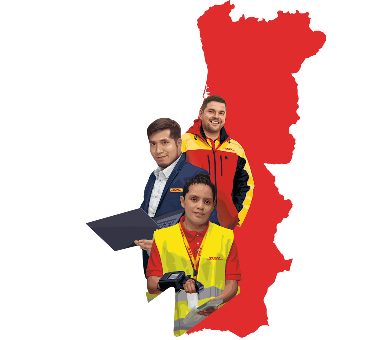 Map of the country, showing awards received and DHL employees from different units with a highlight of four technologies of wearable devices, smartops, intelligent process automation and algorithmic optimization.