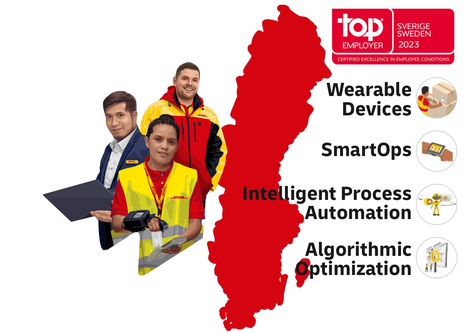 Landkarte mit den erhaltenen Auszeichnungen und DHL-Mitarbeitern aus verschiedenen Abteilungen mit Hervorhebung der vier Technologien Wearables, Smartops, intelligente Prozessautomatisierung und Algorithmusoptimierung.