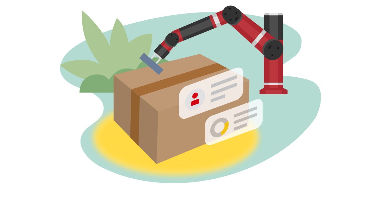 Ein Kommissionierroboter trägt eine Kiste, während eine Chatnachricht eingeblendet wird.