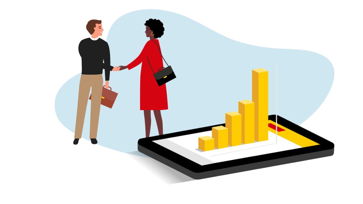 Ein Mann und eine Frau schütteln sich die Hände und haben ein riesiges Tablet vor sich, das eine Grafik anzeigt.
