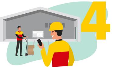 DHL-Mitarbeiter beim Aufstellen von Waren im Lager mit der Nummer 4 dahinter.