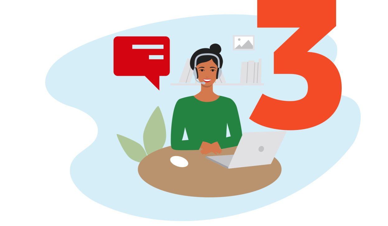 Eine Frau spricht in einem Onlinemeeting vor einem Computer mit der Nummer 3 dahinter.