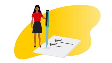 Woman with a giant piece of paper and pen filling checkmarks.