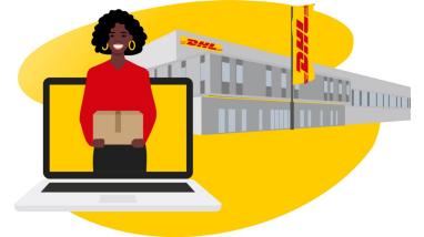 DHL Warehouse with a woman in front of the computer carrying a package.