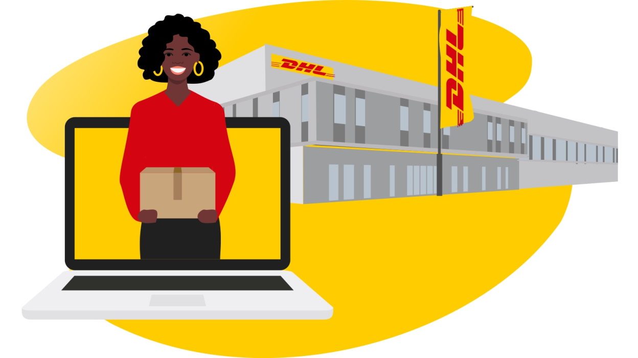 DHL Warehouse with a woman in front of the computer carrying a package.
